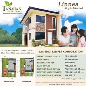 Linnea Single Attached for Sale in Tanauan Park Place at Tanauan City, Batangas