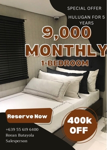 9K MONTHLY 1-BEDROOM DOWNPAYMENT: HULUGAN FOR 5 YEARS Pre-selling Rent to Own in Pasig-Cainta near Eastwood