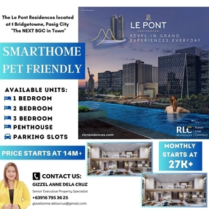 Modern Pet Friendly 3 Bedroom Condo with balcony for sale in Bridgetowne Pasig at The Le Pont Residences near Ortigas and BGC on Carousell