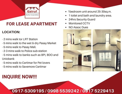 1 Bedroom Apartment for Rent Along Taft Avenue across Cartimar