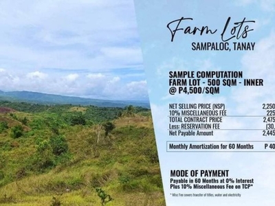 For Sale: 500 sqm Farm Lot (Inner) in Brgy. Sampaloc, Tanay, Rizal