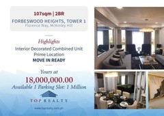 Forbeswood Heights,Tower I 2BR Condo for Sale Interior Decorated in Mckinley Hill Taguig City