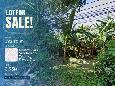 Lot for Sale at Central Park Subdivision Tolomo, Davao City